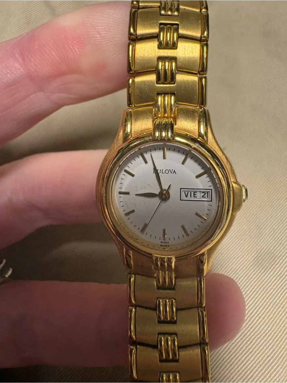 VTG Bulova Gold and White Women's Dress Watch with Day-Date